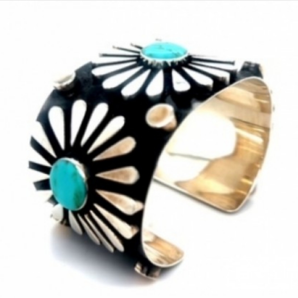 Turquoise 925 Mexican Silver Sunflower Wide Cuff Exquisite Bracelet - Picture 3 of 6
